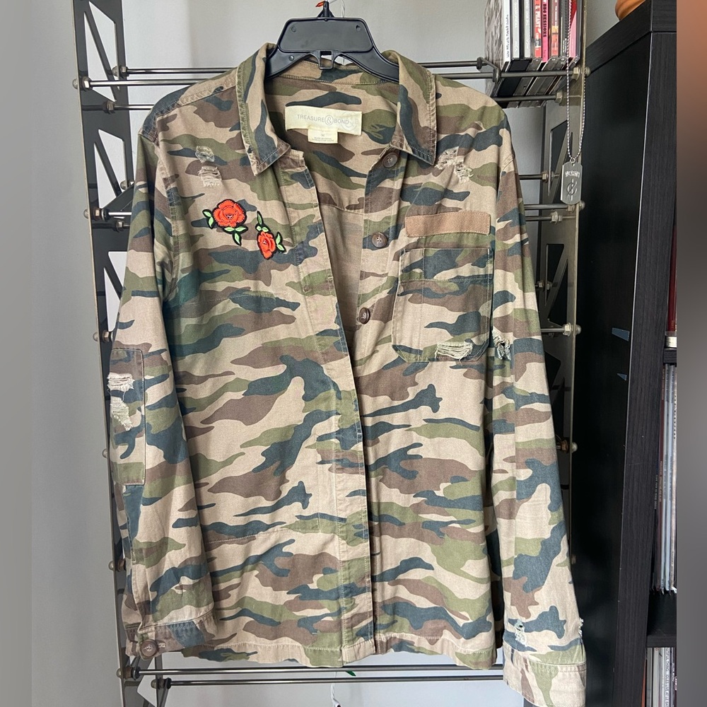 Lightweight distressed camouflage button down with Rose Embroidery